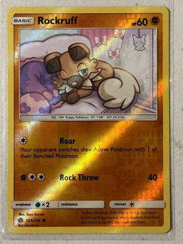 Pokemon RARE Reverse Holo Bleed Error Misprint Rockruff 123/236 Cosmic Eclipse ! - Picture 2 of 9