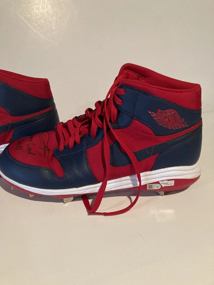 Botines e insc Jordan Dexter Fowler Cardenales de San Luis firmados GU azules y rojos Foto 4 de 4