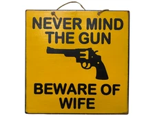 HANDMADE NEVER MIND THE GUN BEWARE WIFE TIKI BAR SIGN TROPICAL ISLAND WALL ART