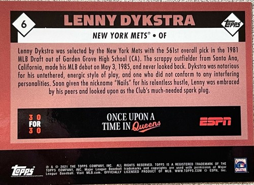 2021 Topps X Once Upon a Time in Queens Collectors Edition #6 Lenny Dykstra - Picture 3 of 3