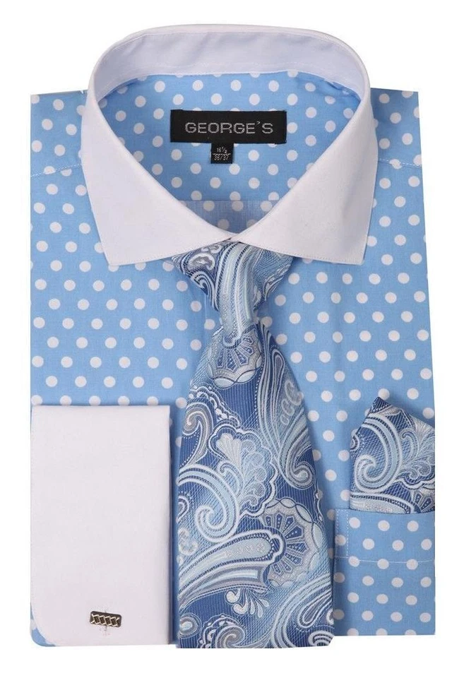 Camisa de vestir de algodón con puño francés a lunares para hombre con conjunto de corbata y pañuelo #613 Foto 4 de 4