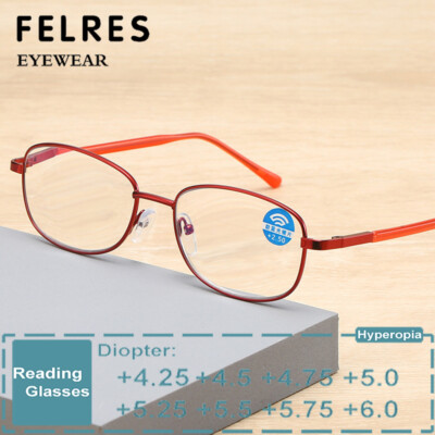 Metal Oval Anti Blue Light Reading Glasses Women Highly Strength