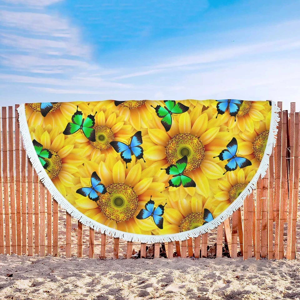 Girasoles y mariposas toalla de verano para tomar el sol alfombra de playa con borla manta Foto 3 de 4