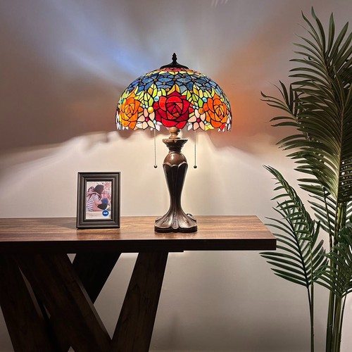 Tiffany Style Table Lamp Stained Glass Rose Flowers LED Bulb Included 16"W*24"H - Picture 2 of 12
