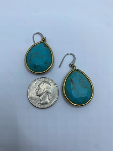 Fossil Brand Turquoise Teardrop Dangle Pierced Earrings Silver & Gold Tone - Picture 4 of 6