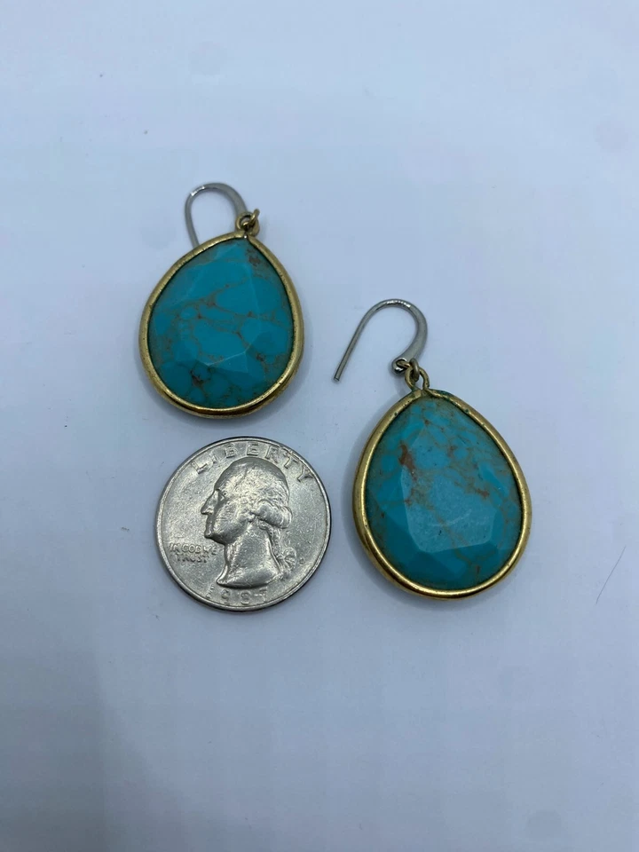 Fossil Brand Turquoise Teardrop Dangle Pierced Earrings Silver & Gold Tone - Image 4 of 4