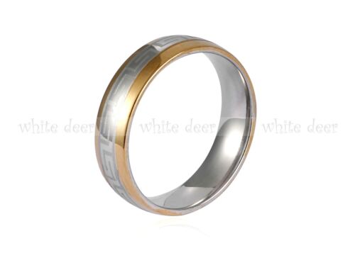 6 mm Men's Women's Silver Stainless Steel Gold Trim Grid Band Ring Comfort Fit - Afbeelding 1 van 1