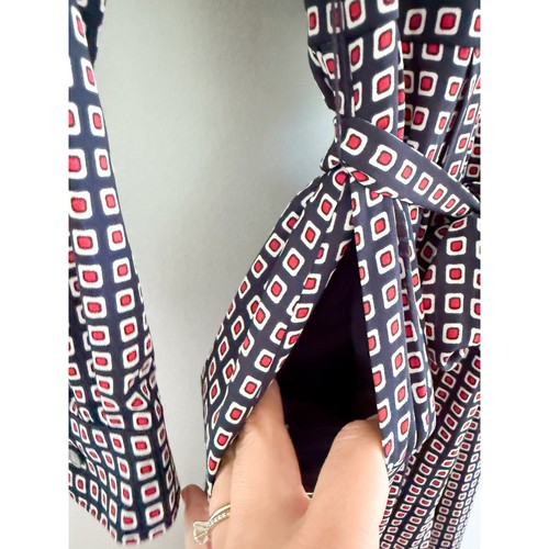 J.CREW | Button Front Midi Dress Geometric Navy Blue Red White | Sz 2 - Picture 6 of 15