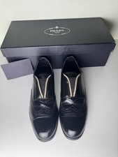 Prada Black Leather Wingtip Loafers Slip-On, See Photos For Size