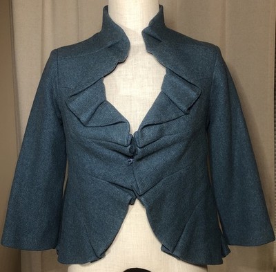Anthropologie TABITHA Aqua Blue Wool Blend Ruffled JACKET Blazer 3/4 Sleeve Sz 6
