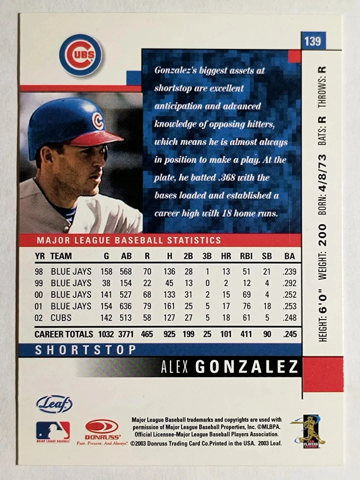 2003 Leaf #139 Alex Gonzalez - Image 2 of 2