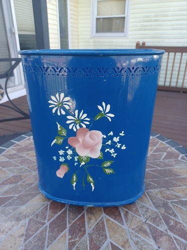 Vintage Detecto Mülleimer Papierkorb blau Blumen Metall Landhaus ** LESEN **