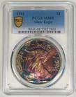 1991 American Silver $1 Eagle Coin Rainbow Tone PCGS MS 68