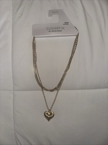 SUGARFIX by BaubleBar Layered Heart Pendant Gold Tone Necklace Nickel Free - Picture 4 of 10