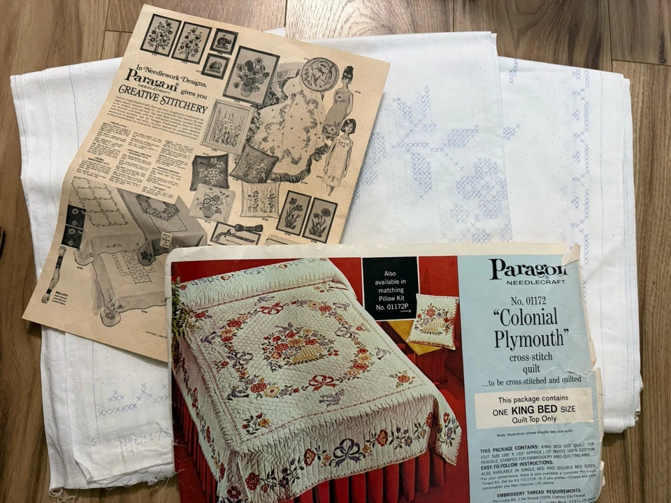 Paragon Cross Stitch Quilt Kit Colonial Plymouth King Bed Flowers Vintage Rare! - Image 1 of 4