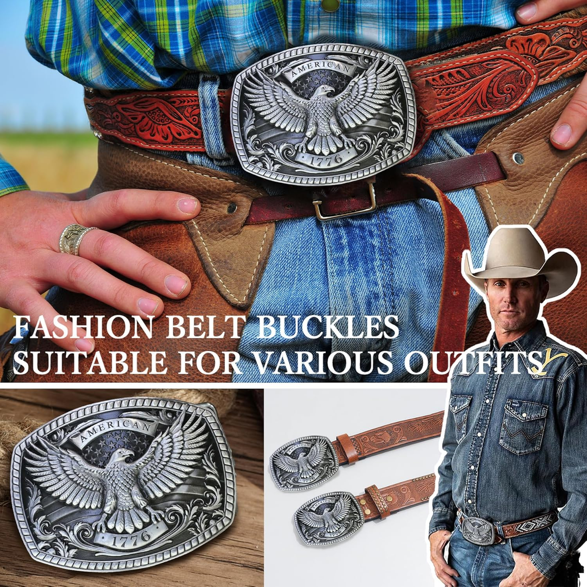 Western Cowboy Big Belt Buckle – Vintage American Flag Deer Design