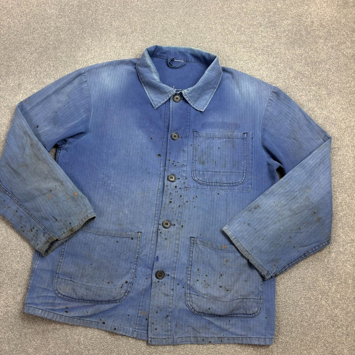 70s herringbone French work jacket 鬼fade 70s washed old blue herringbone French workwear French work