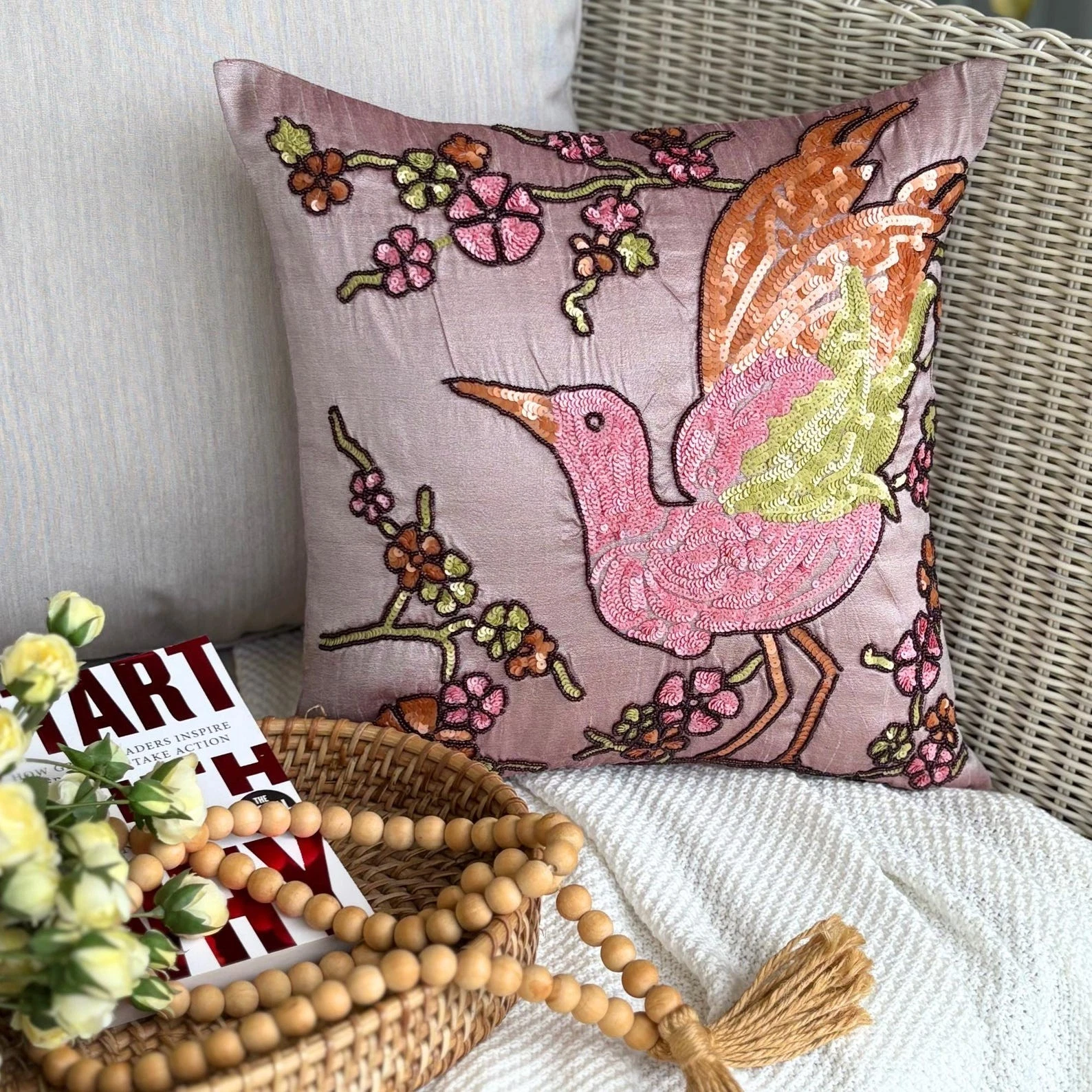 Decorative Sofa Cushion Case Pink 16"x16", Home Decor Silk - Colorful Birdy