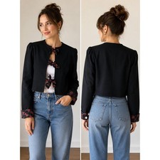 Vtg Black Cropped Jacket Floral Bow Blazer Sz 36 Germany Romantic Wool Blend