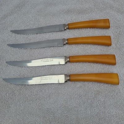 Butterscotch Bakelite Handle Knives 4 Pc Washington Forge Stainless Steel  Vtg