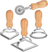 TACGEA Ravioli Stamp Maker Cutter with Roller Wheel (Set of 4), Wooden Handle an