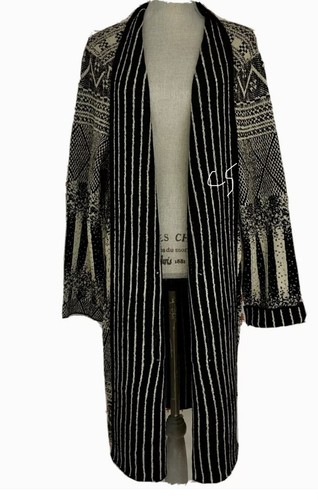 $ 268 Bcbg MaxSport L lange Strickjacke Staubpullover strukturiert schwarz beige Größe L - Bild 4 von 12