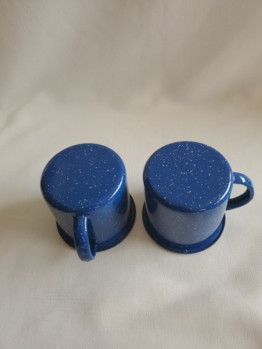 2 Blue Metal Tin Enamel Mugs Cups White Speckle Rustic Farm House Camping Coffee - Picture 2 of 7