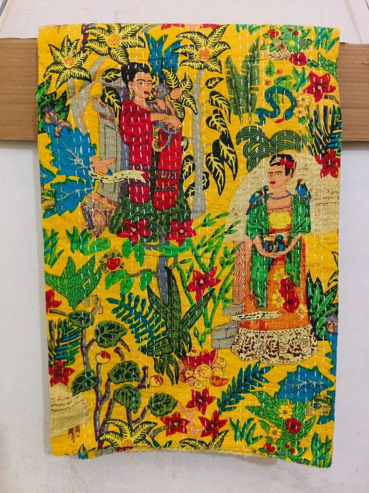 Manta acolchada kantha estampada Frida amarilla Rajasthani Gudari sábana Rali Foto 2 de 4