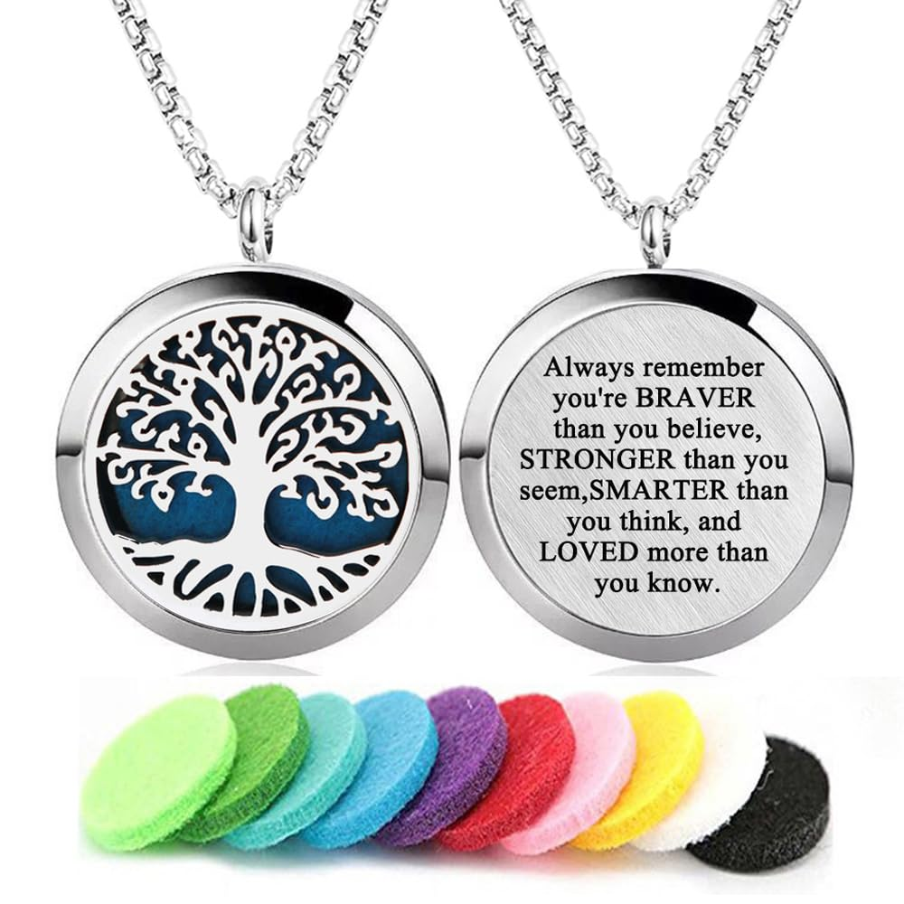 Aromatherapy Essential Oil Diffuser Necklace with Tree of Life Design in Stainless Steel-image
