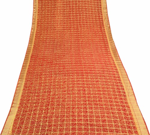 Sushila Vintage roter Scrap Sari Bandhani bedruckt & gewebt reine Baumwolle Sari Stoff - Bild 9 von 10