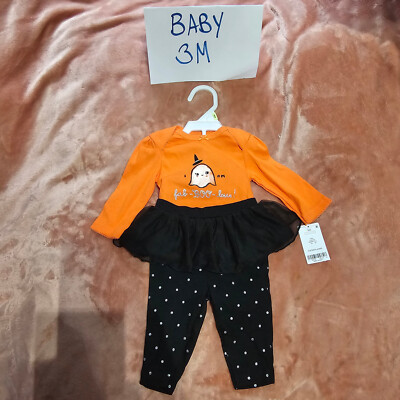 New Baby Girls 3M Cute Ghost Snapsuit Tutu Leggings Halloween 2 Piece Set NWT