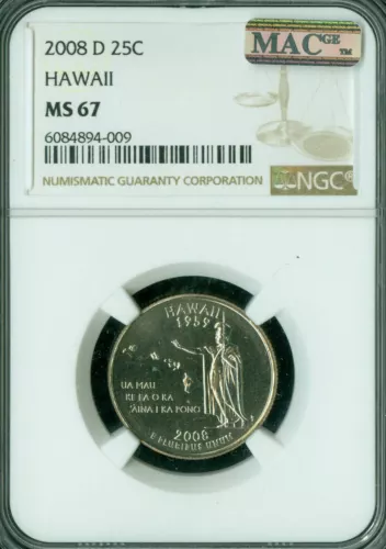 2008 D HAWAII QUARTER NGC MS67 PQ BUSINESS STRIKE MAC SPOTLESS RARE *