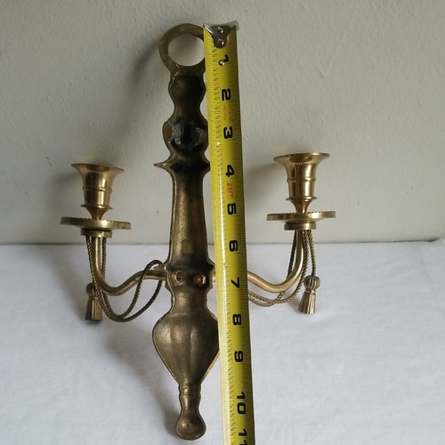 Pair Solid Brass 2 Arm Candle Holders Wall Sconce Rope Tassel Hollywood Regency - Picture 7 of 12