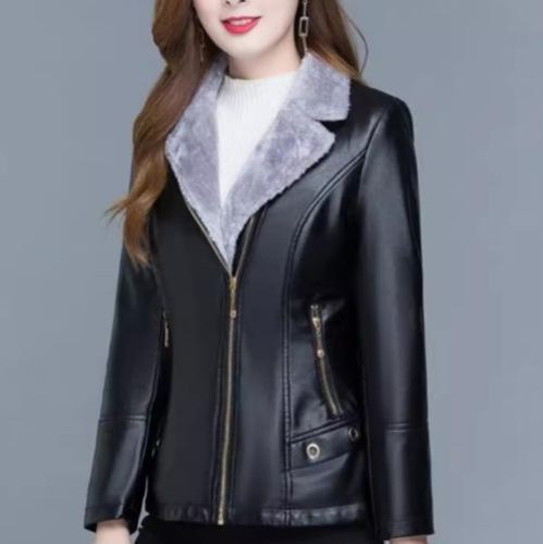 Women Winter Lapel Thick Fleece Faux Leather Jacket Warm Short Coat Biker Jacket - Bild 14 von 14