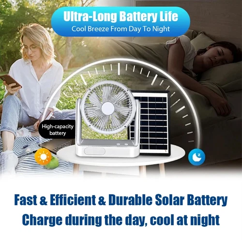 2025 New Rechargeable Fan With solar panel, 3 Speeds, LED light and 2 Free bulbs - Picture 7 of 12