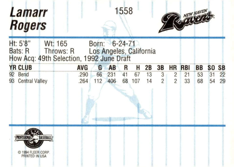 1994 Fleer Pro Cards New Haven Ravens #1558 Lamarr Rogers NM-MT BXCP01 - Image 2 of 2