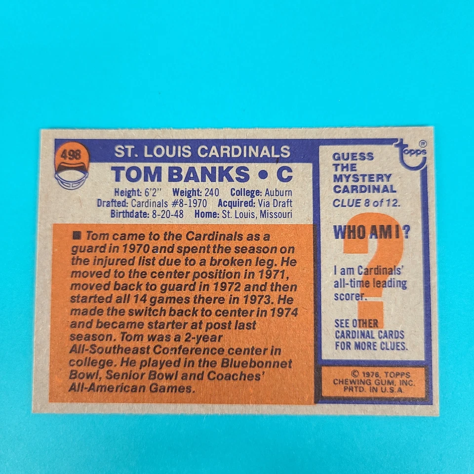 1976 Topps RC #498 Tom Banks St. Louis Cardinals FOOTBALL Card 1C - Image 2 of 2