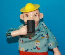 ANTIQUE German TOY Man Drinking PUSH Movement METAL Arm Head MUG Yellow HAT