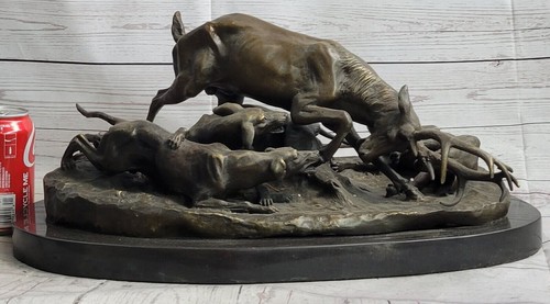 Figura Escultura Bronce Firmada Barye Elk Ciervo Es Atacado por Paquete Estatua Oferta - Imagen 2 de 10