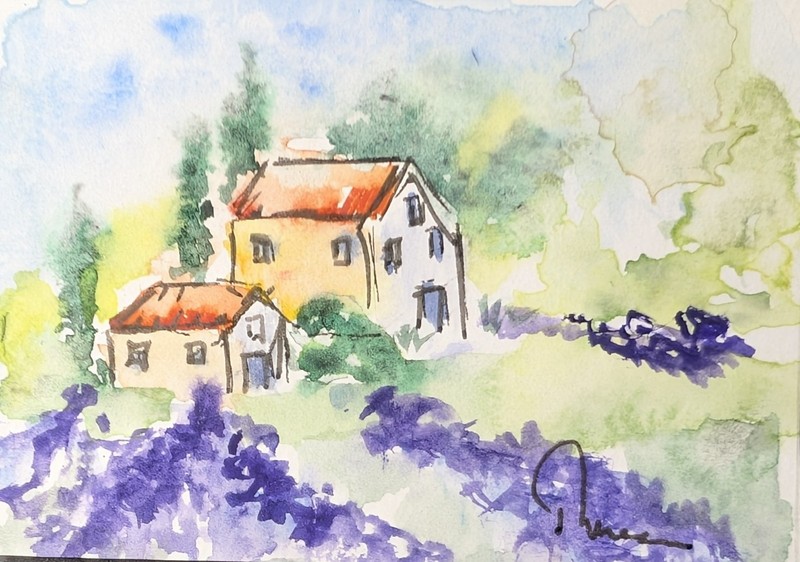 Lavender House - Original ACEO or ATC Unmatted watercolor painting