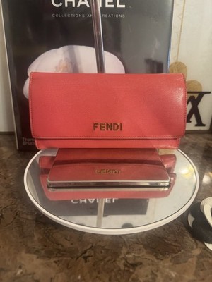 Fendi Pink Logo Snap Folding Wallet Card Slots Zipper Pocket Made in Italy