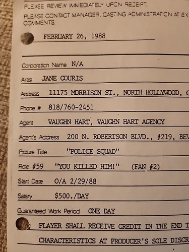 1988 Jane Couris "You Killed Him!" ACTOR CONTRACT NAKED GUN POLICE SQUAD VTG FIL - Picture 2 of 6