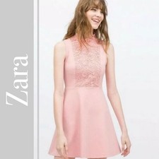 Zara Pink Guipure Lace Scalloped Neck Skater Dress