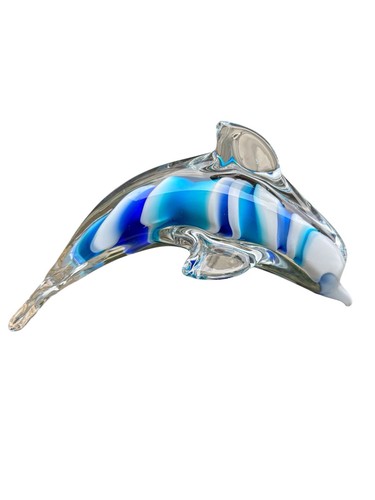 Glass Blue White Dolphin Figurine Clear Paperweight 7” Long x 3.25” Tall - Picture 3 of 4