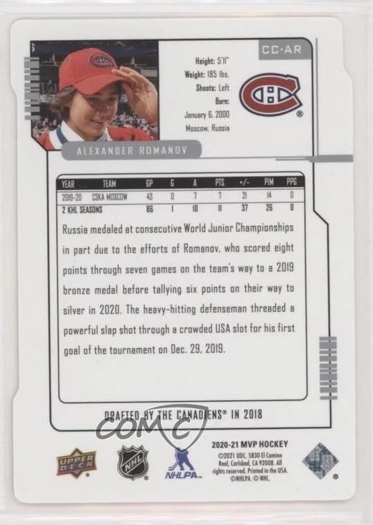 2020 Upper Deck MVP Update Colors and Contours Rookies Gold Alexander Romanov RC - Image 2 of 2