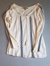 Boho Renfair Shirt Womens Medium White Peasant Embroidered Cottagecore Flowy