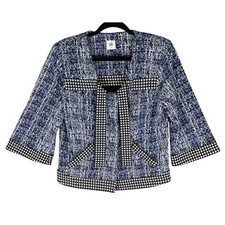 Cabi Reina 21 Club Tweed Knit Jacket Womens Medium Blue Houndstooth Trim 5294