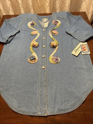 VTG Monique Fashions Sz 3X Glamour Denim Shirt Jacket Pearls Silk Flowers USA
