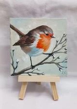 ORIGINAL Oil Painting Modern Art Impressionism European Robin Bird 4"x4"