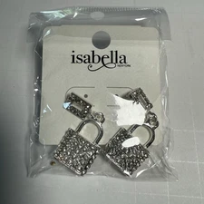 Isabella New York Silver Tone Rhinestone Padlock Earrings Sparkly Statement